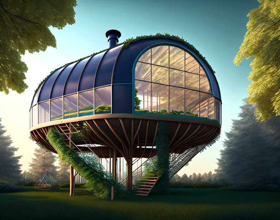 Modern treehouse with glass front, metal stilts, and rope bridge in forest