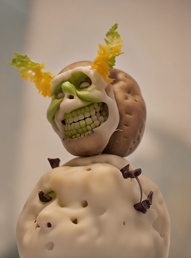 Character sculpture with potato head, green face, bared teeth, on white blob with purple appendages