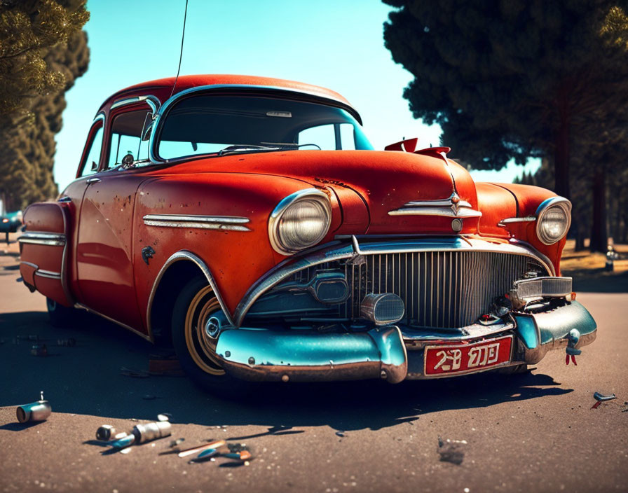 Vintage Red Car with Patina Parked Among Soda Cans