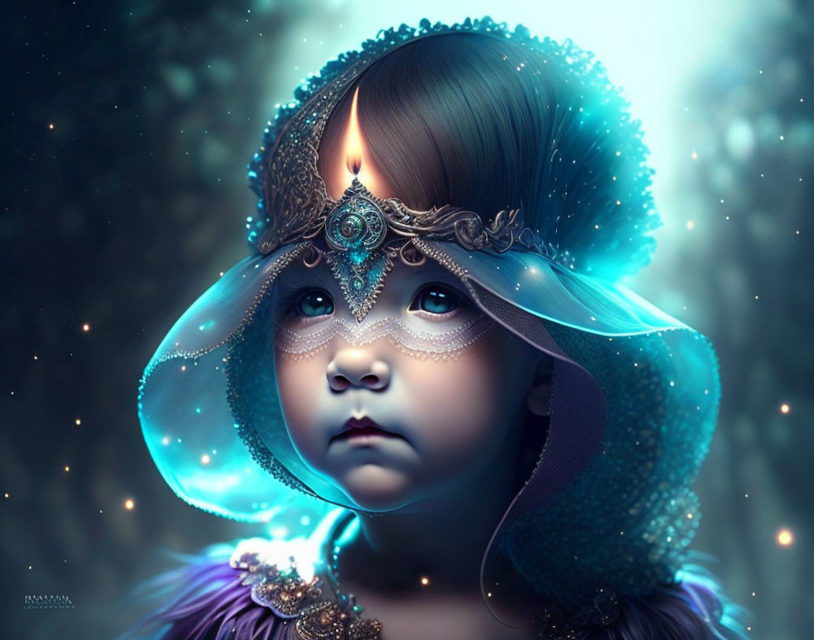 Enchanting young girl in blue headpiece in mystical forest