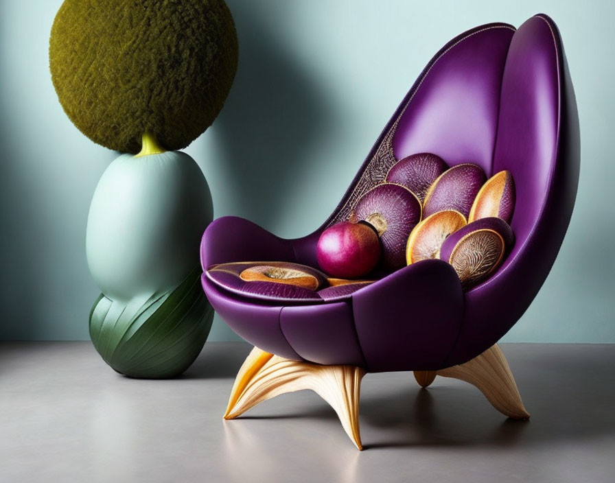 Modern Purple Chair with High Back and Plush Cushions Beside Green Vase and Topiary