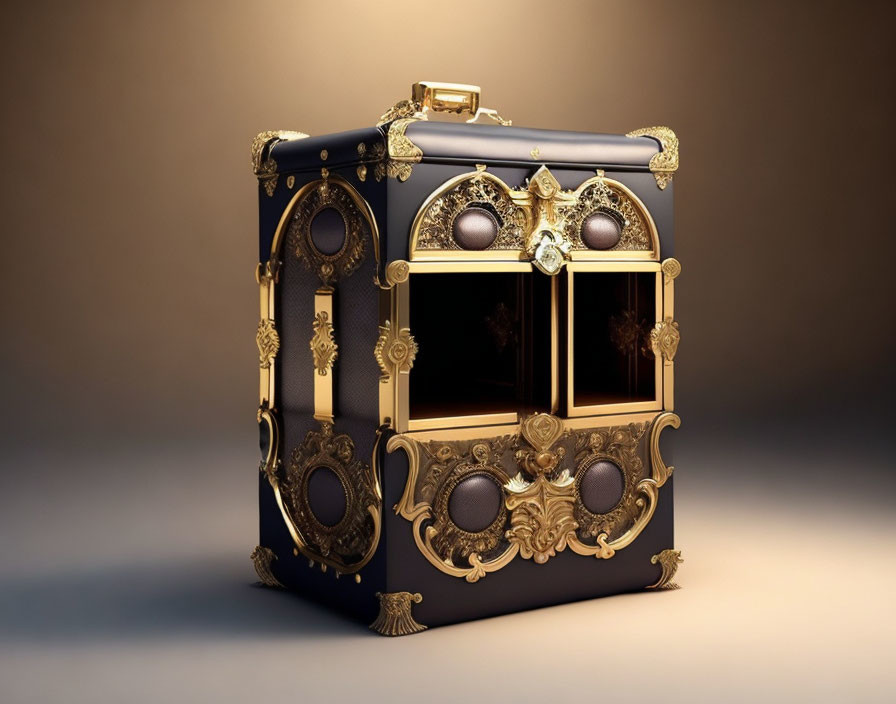 Antique-Style Black and Gold Chest with Intricate Designs on Beige Background