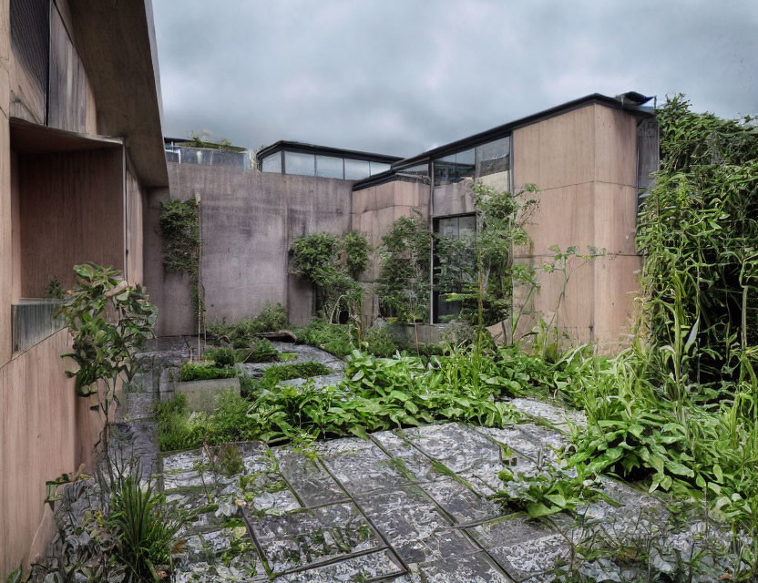 Tranquil overgrown courtyard with lush greenery and weathered stone tiles surrounded by modern buildings.