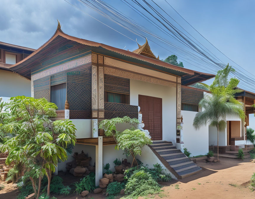 Ornate traditional Asian-style house with tiled roofs and lush green surroundings