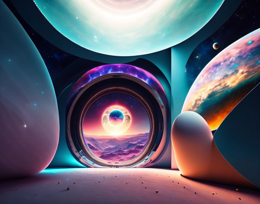 Surreal sci-fi landscape with celestial bodies through glowing portals