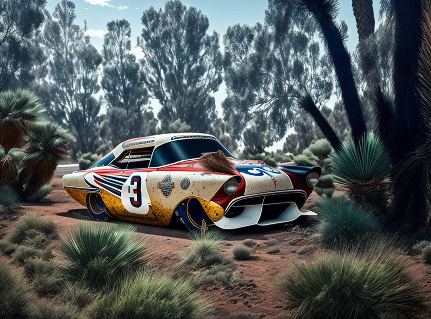 Vintage Race Car with Number '5' in Desert Setting with Cacti and Blue Sky