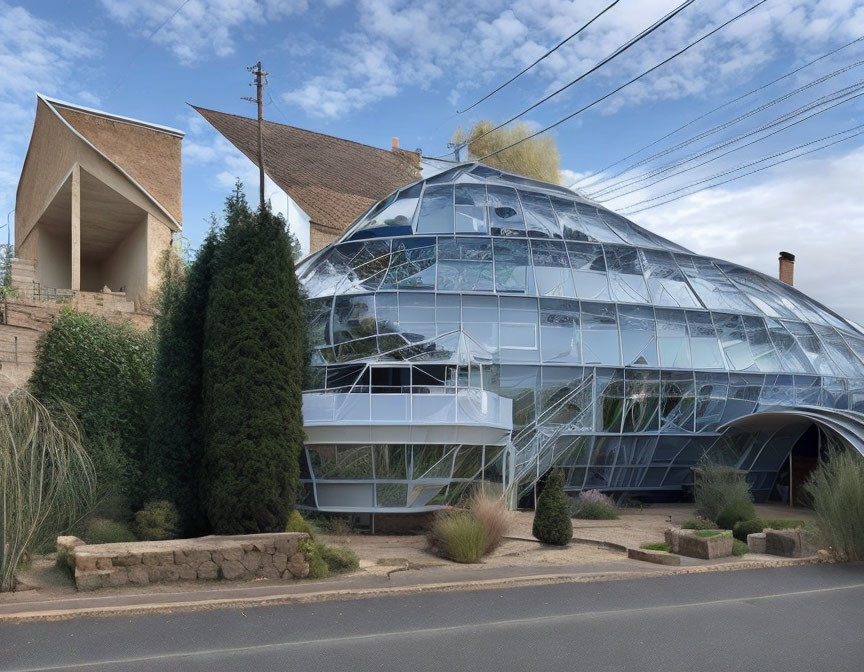 Modern building with glass facade next to traditional church with steep roof