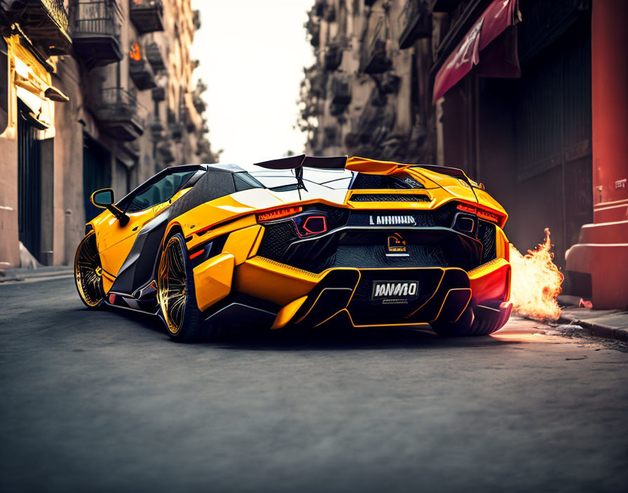 Yellow and Black Lamborghini Aventador with Aggressive Rear Wing Emitting Flames