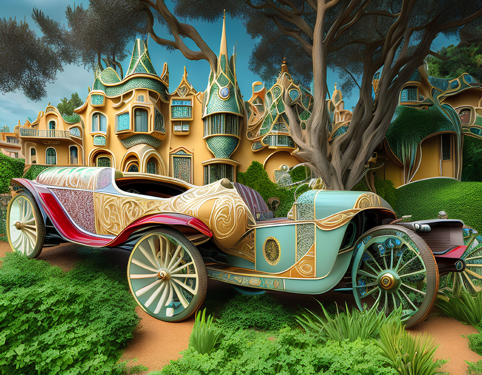 Ornate carriage parked by whimsical tree and building in lush green setting