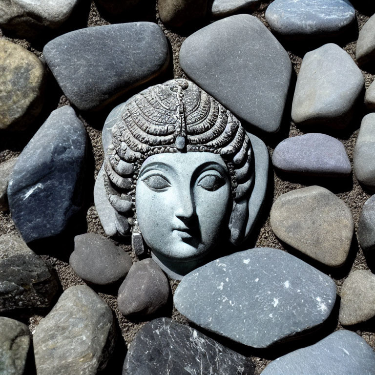 Carved Stone Sculpture of Serene Face with Traditional Headdress