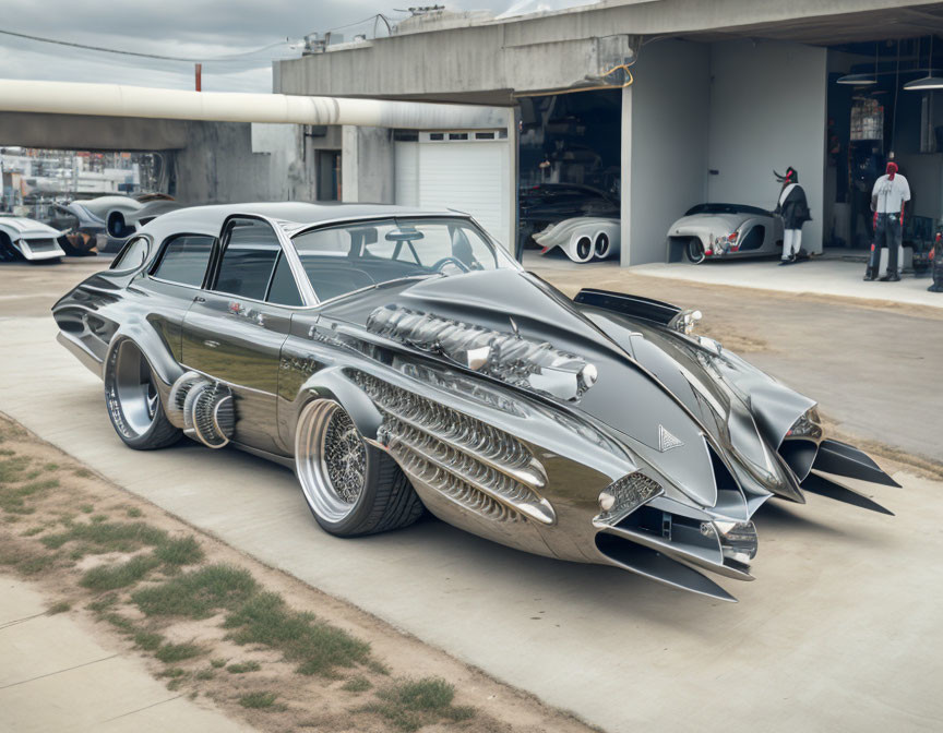 Elongated silver custom car with exposed engine and large fin-like features