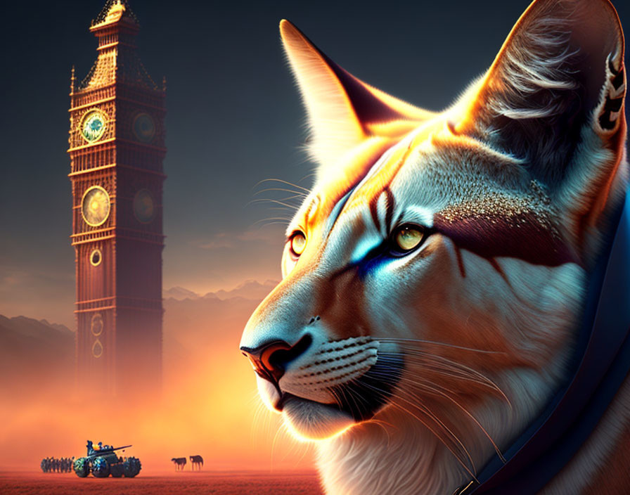 Giant cat's head near Big Ben in surreal landscape