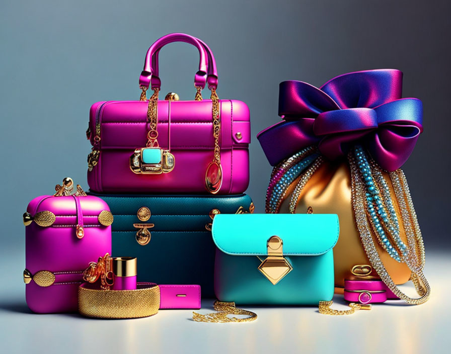 Luxury Fashion Bags & Accessories: Vibrant Colors, Gold Accents, Prominent Bow