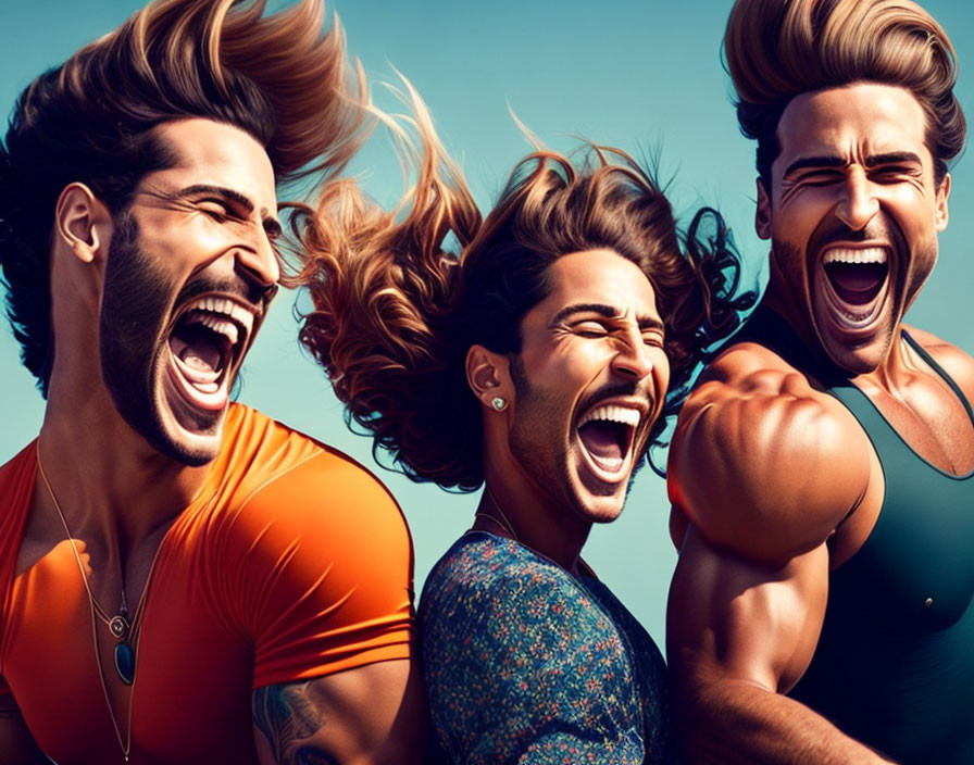 Three muscular men with flowing hair laughing under blue sky