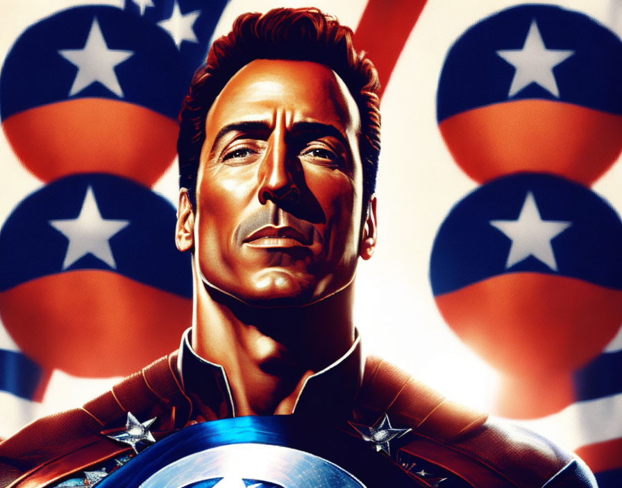 Male superhero with shield in patriotic setting.