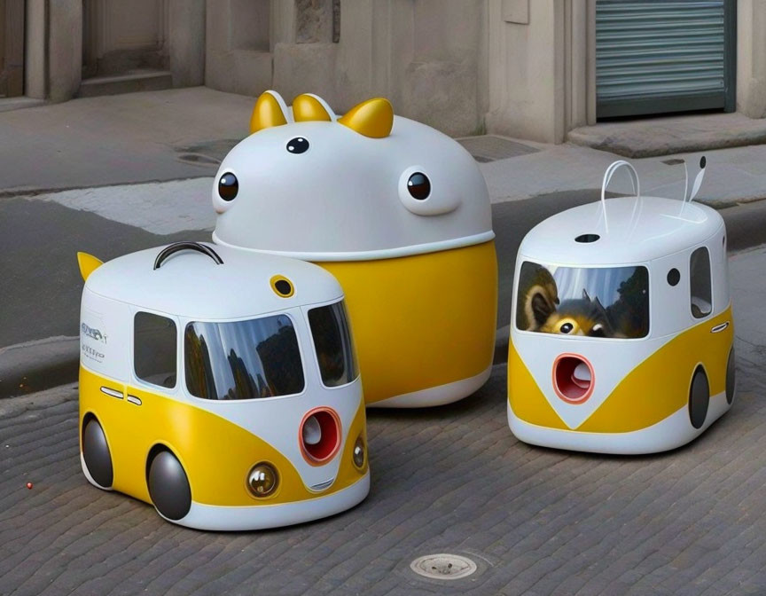 Whimsical animal-themed trash bins on city sidewalk