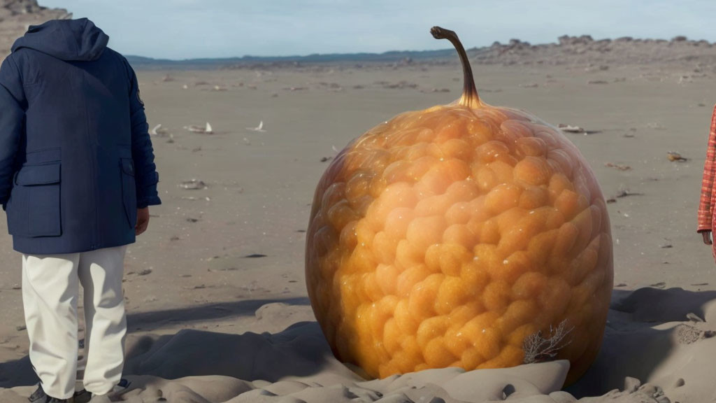 Two Individuals on Sandy Beach with Giant Orange Pumpkin