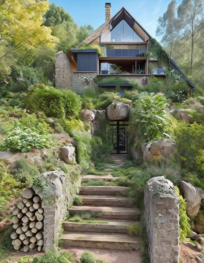 Triangular facade rustic house in lush green landscape with stone steps, balcony, and natural boulders