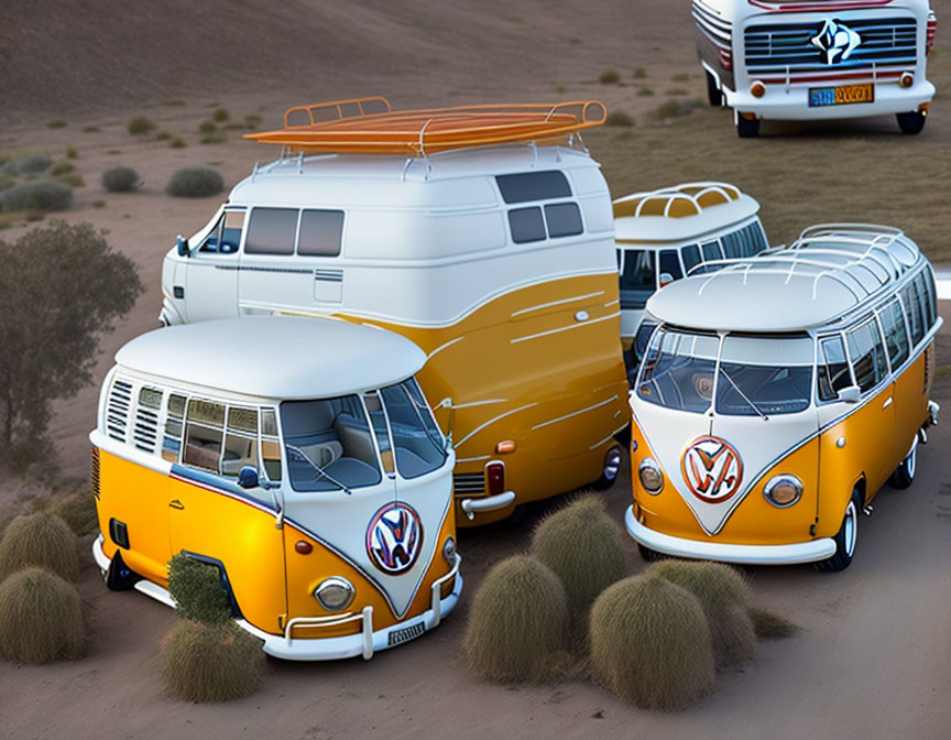 Three Vintage Volkswagen Buses on Desert Landscape