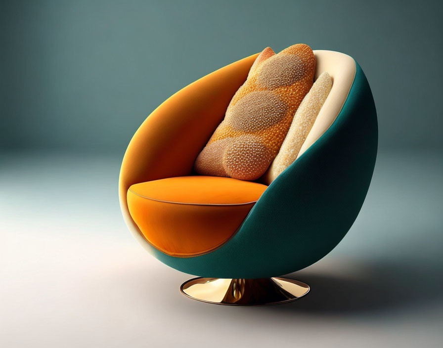 Teal Armchair with Gold Swivel Base and Orange Cushions