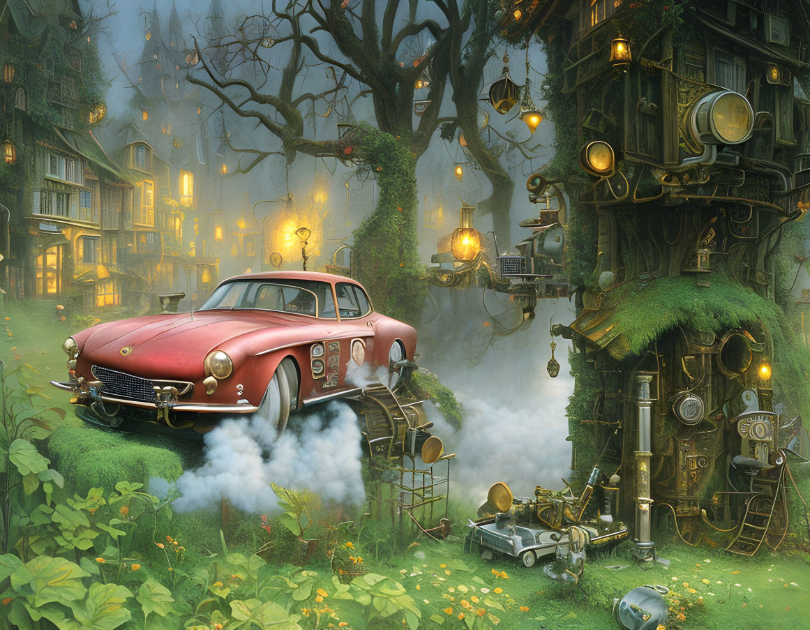 Vintage Red Car Parked by Steampunk Treehouse in Enchanted Forest