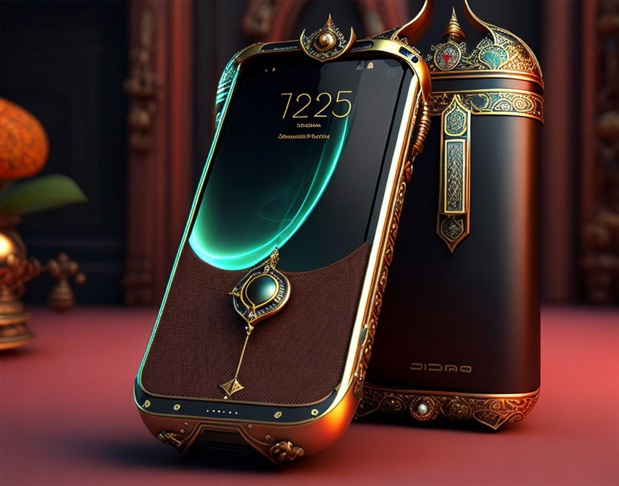 Luxurious ornate smartphones with gold accents and intricate designs