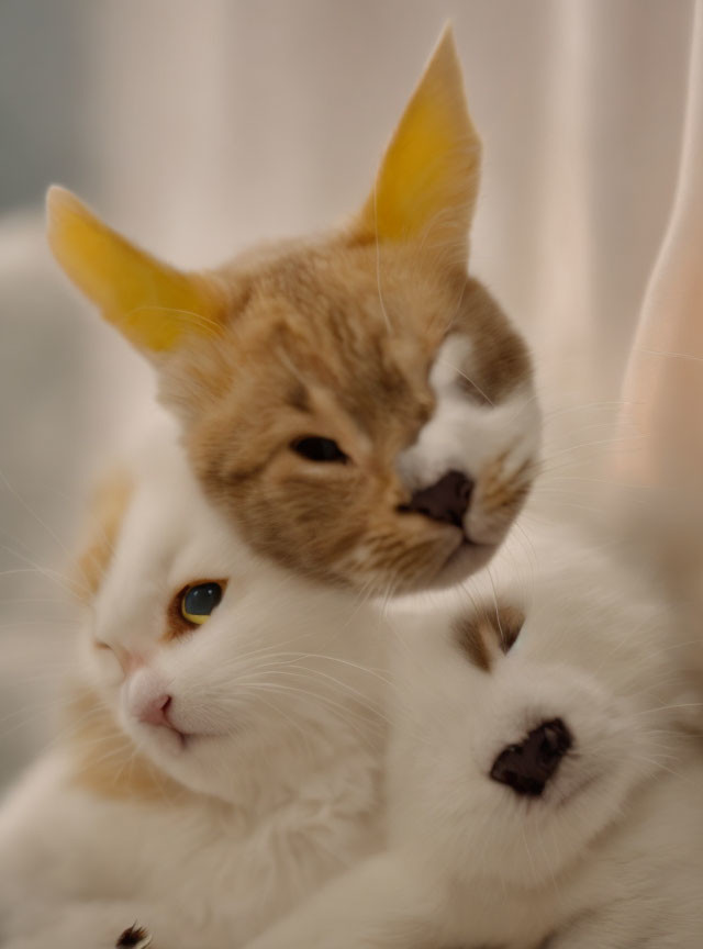 Two Cats Cuddling: White & Orange with Perked Ears