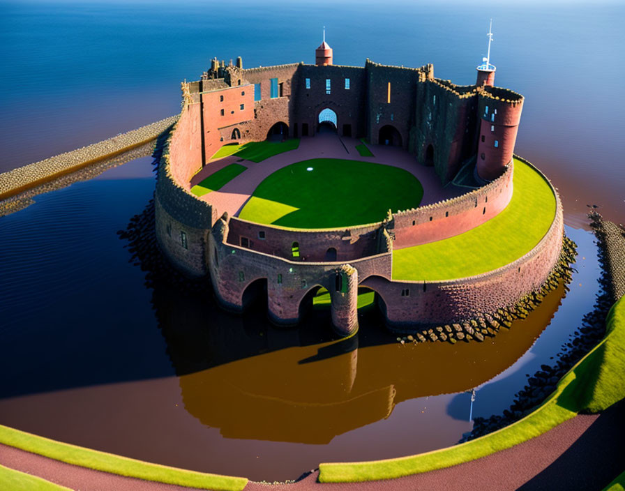 Circular Medieval Castle with Red Walls Surrounded by Moat in Coastal Landscape