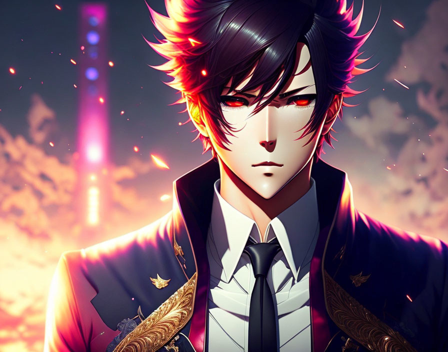 Male anime character: black hair, red eyes, navy and gold outfit, fiery sunset sky.