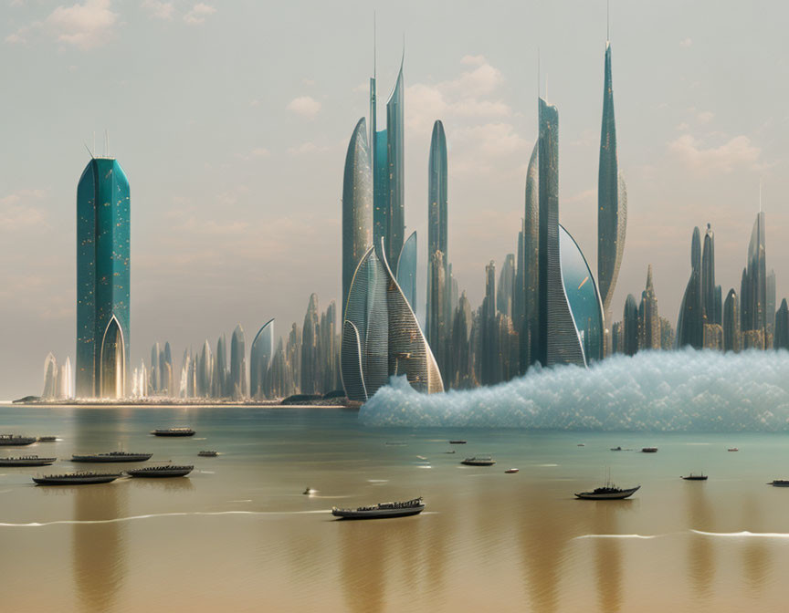 Towering futuristic cityscape by calm water