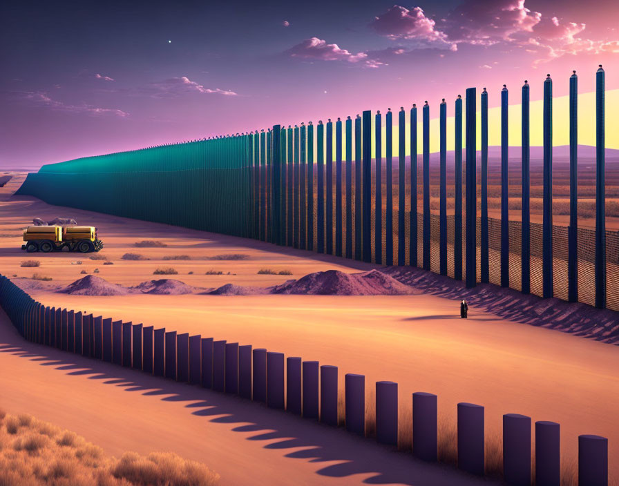 Desert landscape at sunset with long fence shadow and driving vehicle