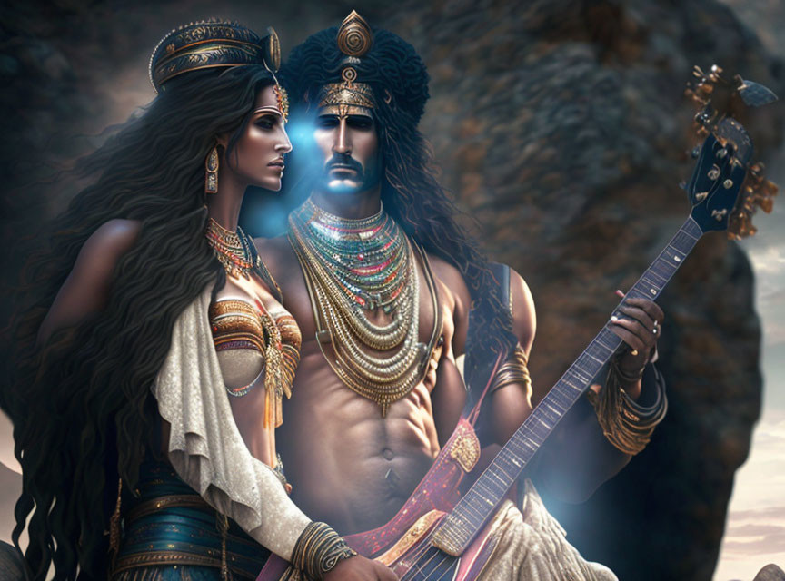 Regal figures in ornate attire with veena and confident gaze against rocky backdrop