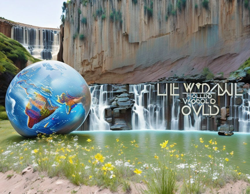 Colorful Globe with Intricate Designs Near Waterfall and Yellow Flowers