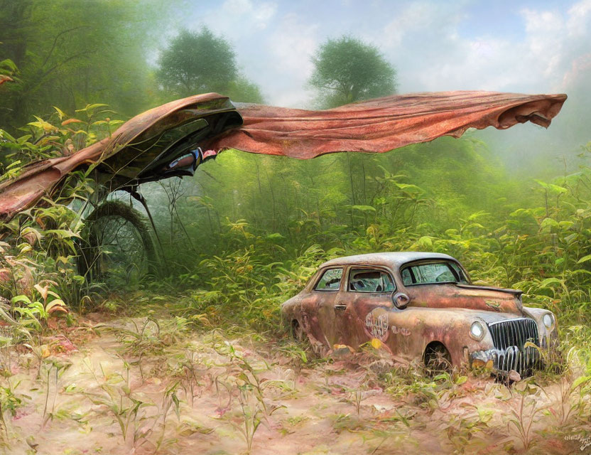 Rusty abandoned car in overgrown forest with sunlight and tattered cloth