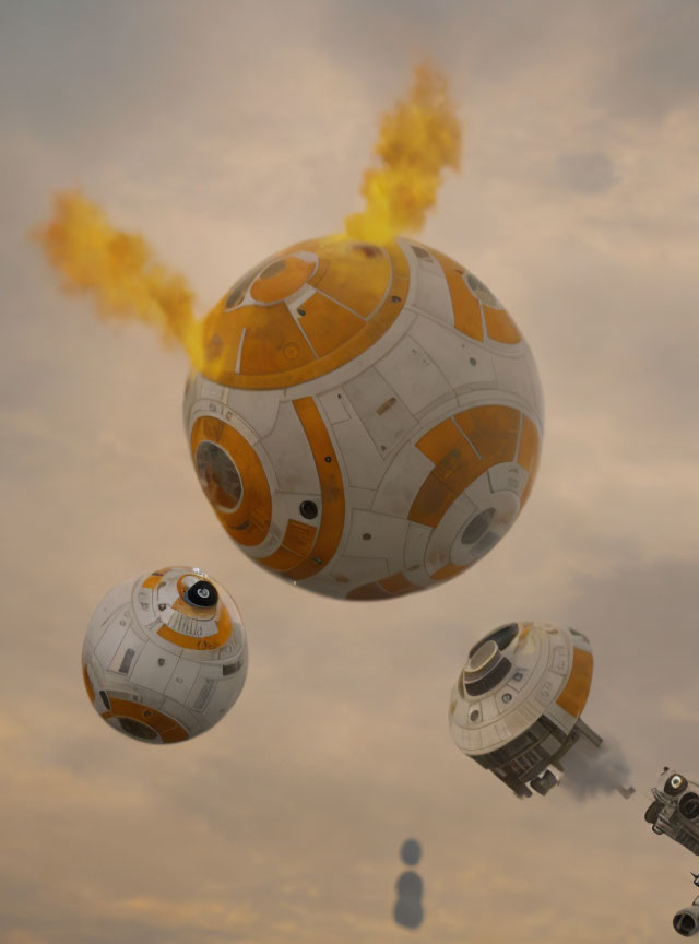 Three BB-8 droids in sky, one on fire