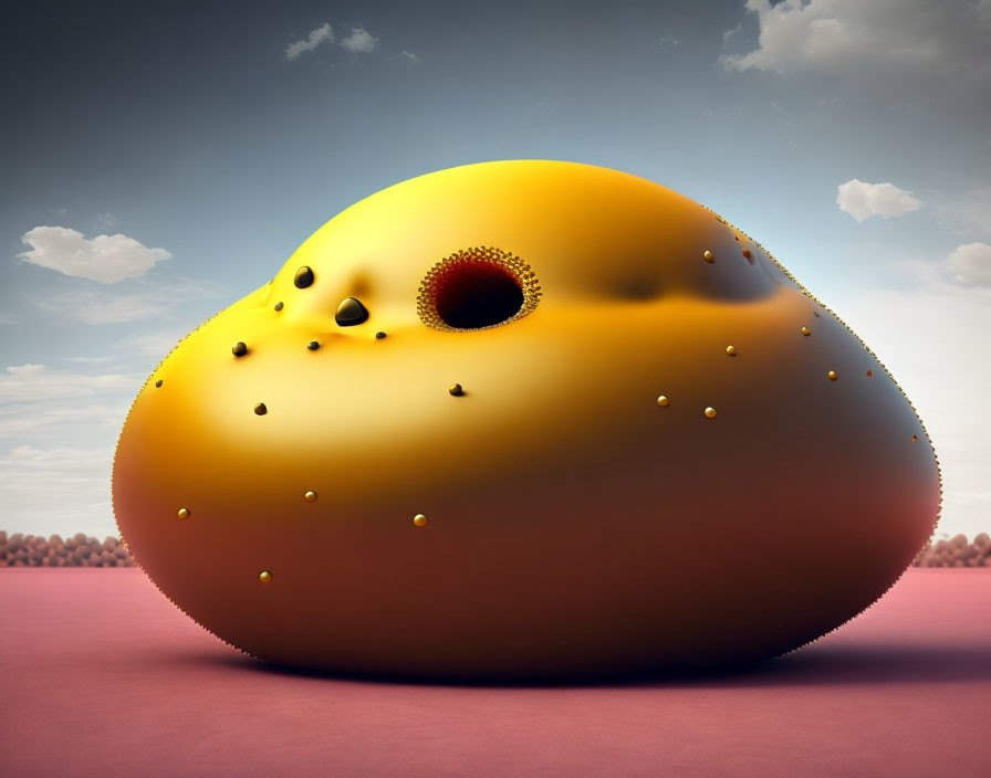 Surreal egg-shaped object with textured surface and facial features against pink sky