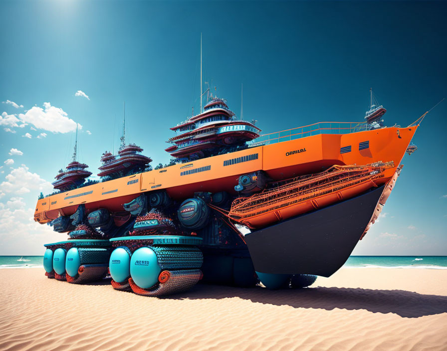 Futuristic multi-level orange ships on sandy beach