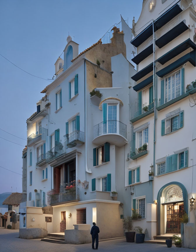 Traditional European architecture at twilight with peaceful street and lone figure