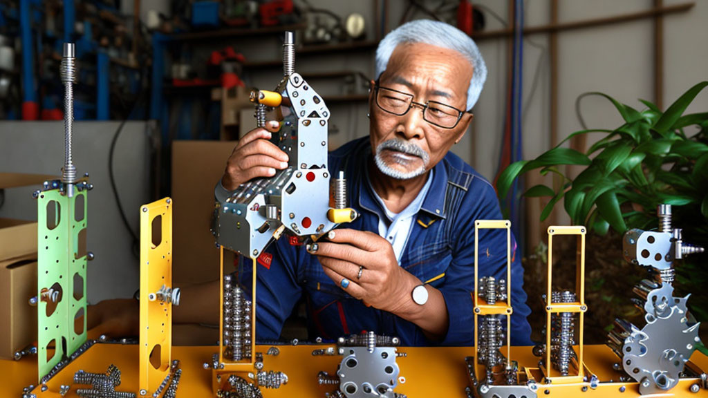 Elderly man with glasses and mustache assembling metallic construction set