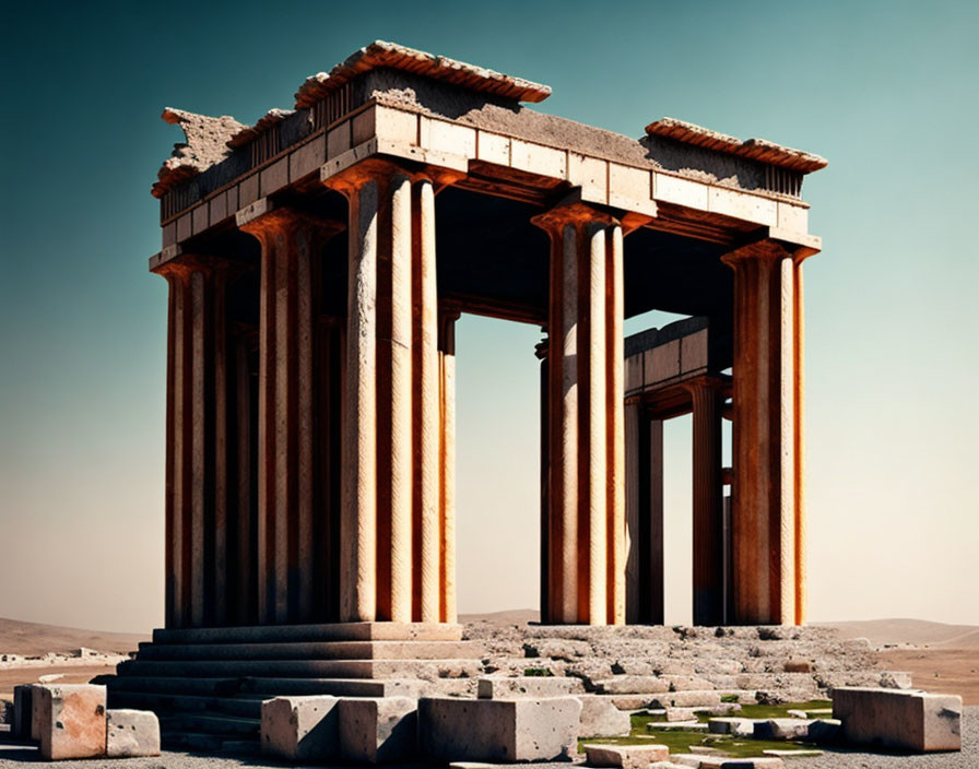 Ancient Greek temple ruins with Doric columns on clear blue sky