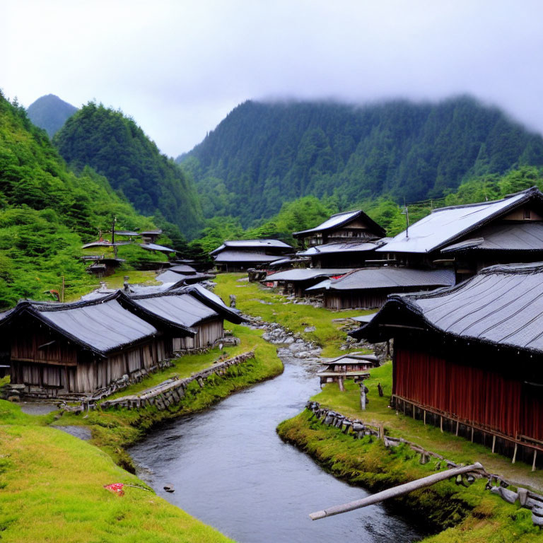 Traditional village with wooden houses, river, and misty mountains