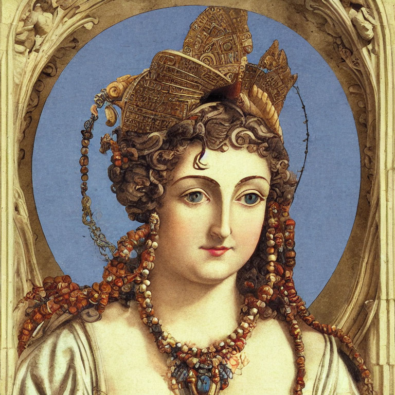 Woman portrait with ornate headdress, beaded necklaces, and detailed gown on blue background in