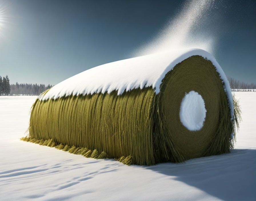 Snow-covered hay bale in sunny snowy field