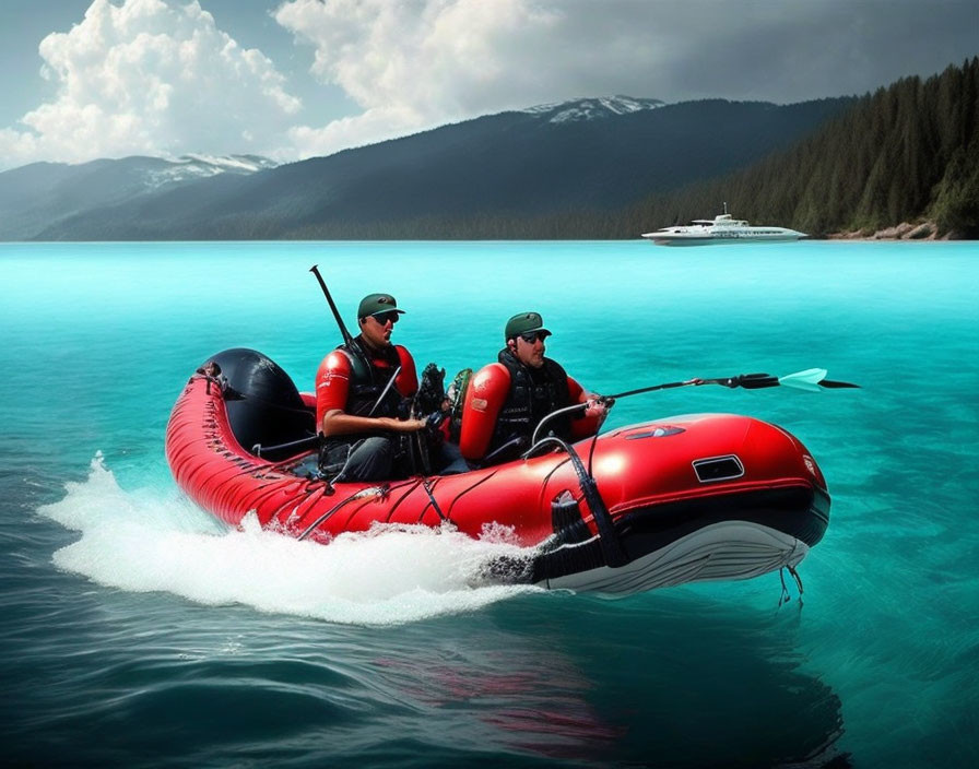 Individuals in life jackets on red inflatable boat on blue lake with yacht