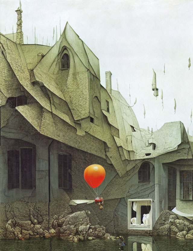 Surreal architectural painting with floating red balloon and flying fish.