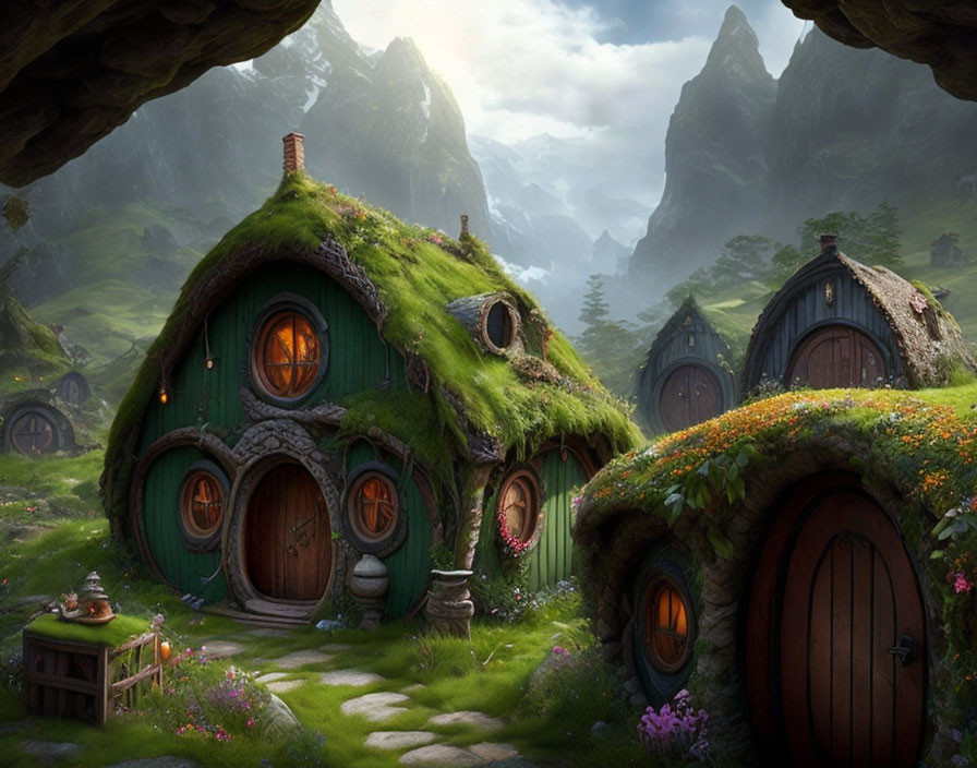 Whimsical hobbit-style houses in fantasy landscape surrounded by mountains