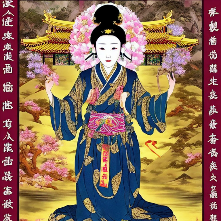 Traditional Asian Woman in Elaborate Blue Attire Surrounded by Floral Background and Chinese Text