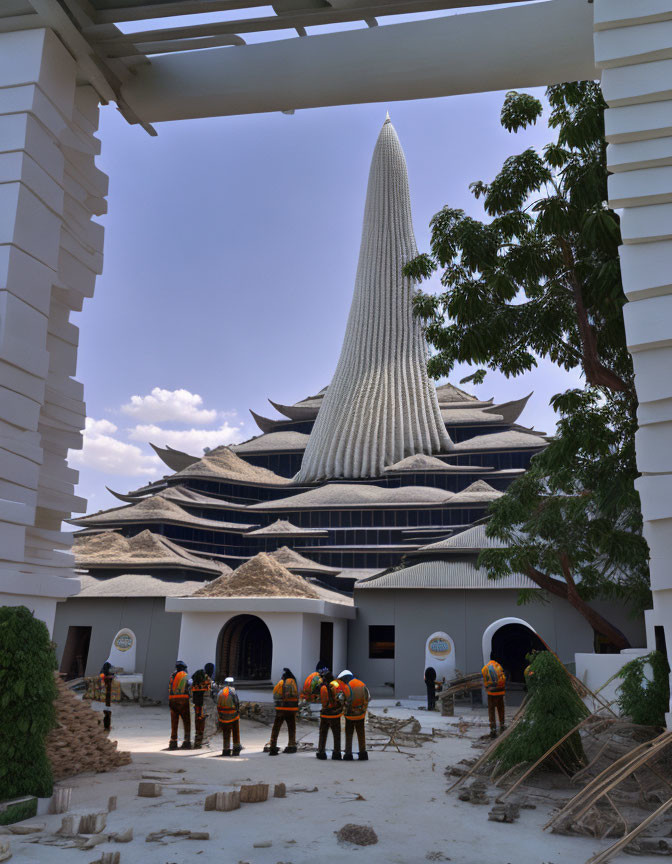 Construction workers in safety gear outside unique building with spire and layered roofs.