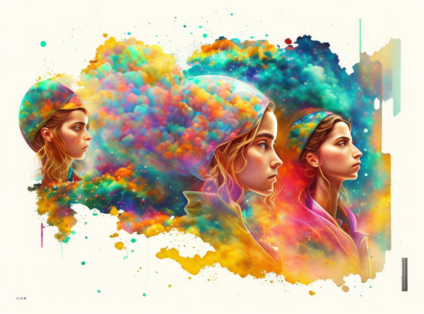 Vibrant cosmic textures surround three female profiles in colorful artwork