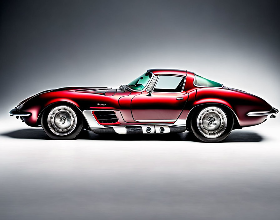 Vintage Red Corvette with Side Exhaust Pipes on Gray Gradient Background